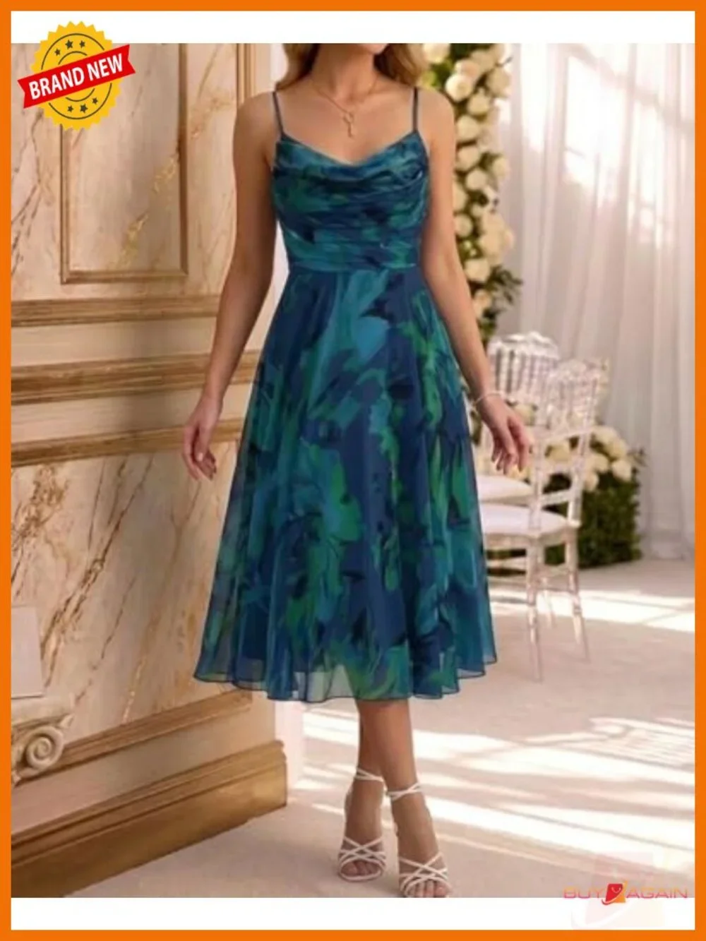 Floral Mesh Midi Dress Cowl Neck Sleeveless Cocktail Wedding Guest